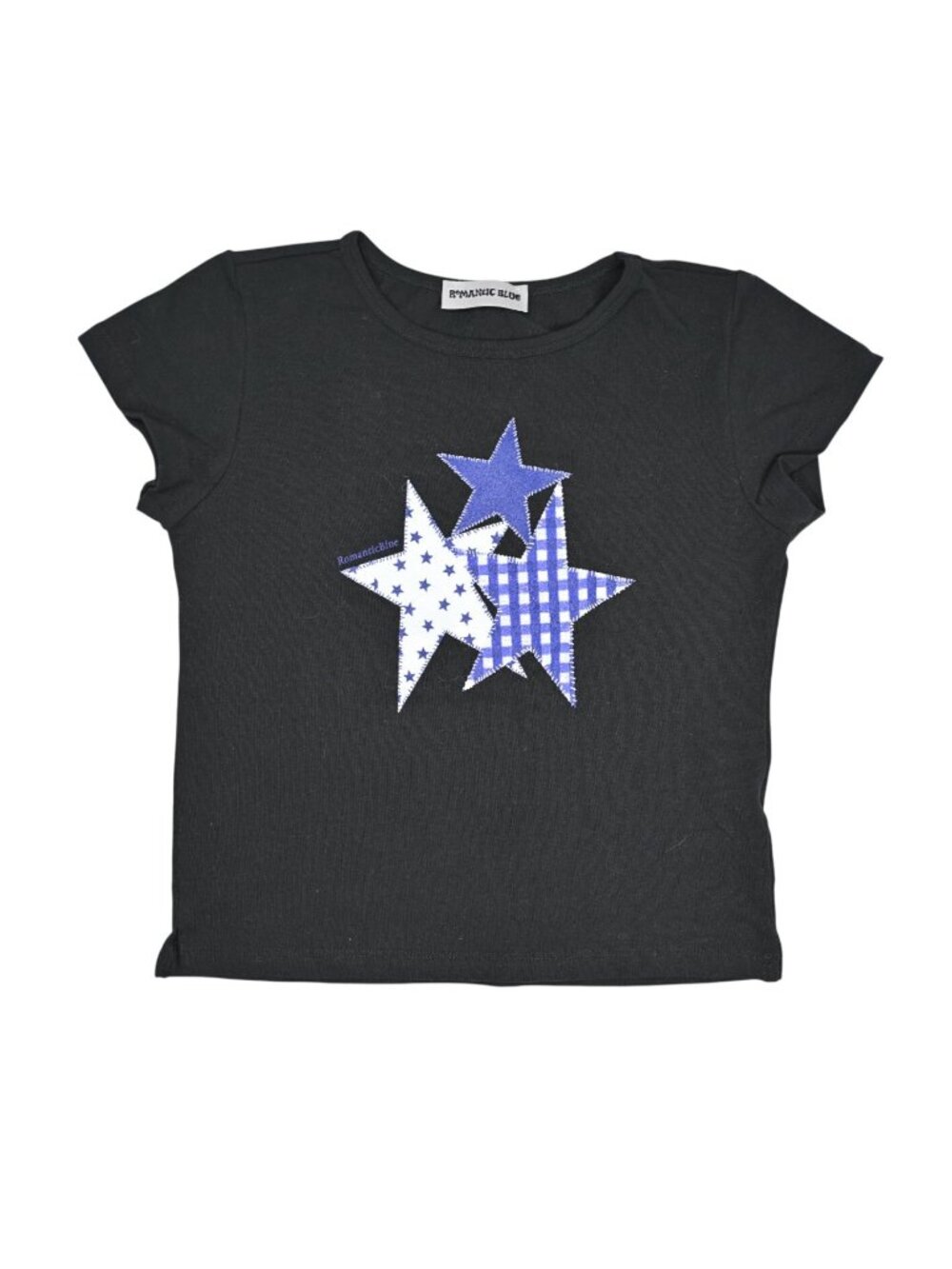 Romantic Blue Triple Star Patchwork Cap Sleeve Tee in Black